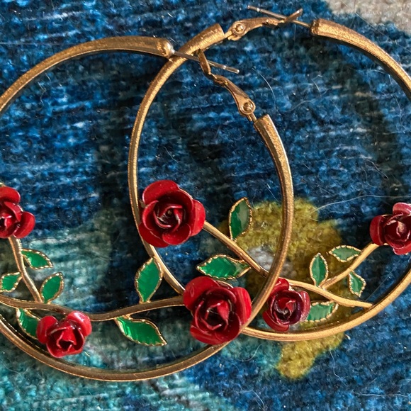 Gold Hoops with Rose Detailing - Picture 2 of 3